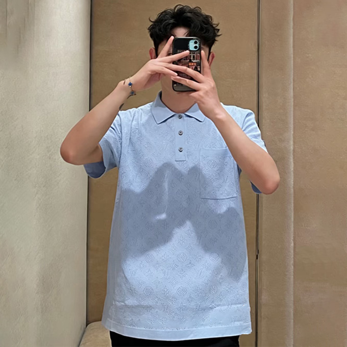 lv louis vuitton allover hollow jacquard knit short sleeve polo shirt